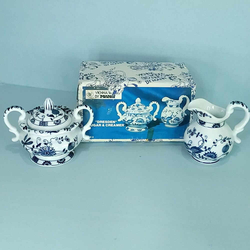 Dresden Fine China Sugar Creamer Blue White Flowers Vienna Woods Mann Japan VW-3